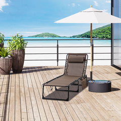Chaise Lounge Chair Outdoor, 5-Position Adjustable Sun Tanning Chair with Carrying Handle and Side Pocket, Folding Bed Cot with Removable Pillow for Garden, Beach, Patio, Pool, Camp, Brown