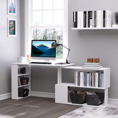 L Shaped Desk, Corner Computer Desk, 360 Degree Rotating Home Office Desk with Storage Shelves, Writing Table Workstation, White