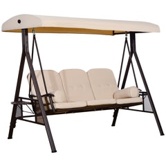 3-Seat Patio Swing Chair, Outdoor Porch Swing Glider with Adjustable Canopy, Removable Cushion, Pillows and Side Trays, for Garden, Poolside, Backyard, Beige