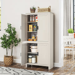 64" 4-Door Kitchen Pantry, Freestanding Storage Cabinet with 3 Adjustable Shelves for Kitchen, Antique White