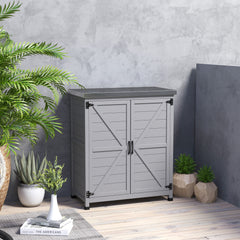 Wooden Storage Cabinet, Outdoor Prep Table with Metal Tabletop, Shelves and Double Doors for Patio, Garden, Gray
