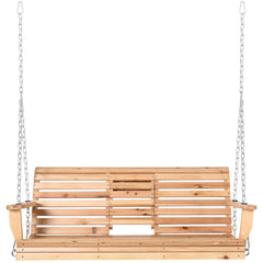 3-Seater Wood Porch Swing, Patio Swing Bench with Folding Coffee Table, Cup Holders, 440lbs Weight Capacity, Natural