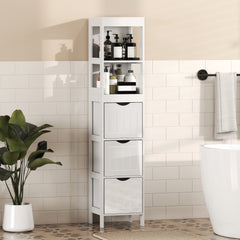 Narrow Bathroom Storage Cabinet, Bathroom Cabinet with 3 Drawers & 2 Open Shelves, Slim Bathroom Floor Cabinet, White