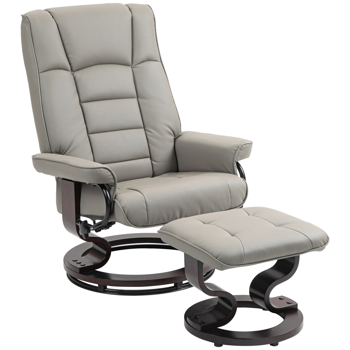 Faux Leather Recliner with Ottoman, Swivel Recliner Chair and Ottoman with High Back and Wood Base, Gray