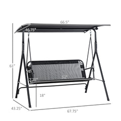 2-Seater Patio Swing Chair, Outdoor Adjustable Canopy Porch Swing with Armrests, Texeline Fabric and Steel Frame, Black