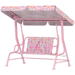 Kids Patio Swing, 2-Seater Outdoor Porch Swing with Safety Belt and Adjustable Canopy for Backyard Garden, Pink