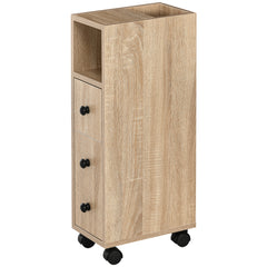 Freestanding Compact Design Bathroom Cabinet with 2 Open Cabinets, 1 Door Cabinet, 1 Drawer and 4 Rolling Wheels, Oak
