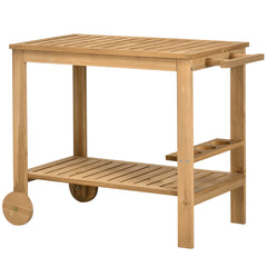 Outdoor Bar Cart, Wood Rolling Home Bar & Serving Cart ，2 Shelves, Wine Bottle Holders for Garden, Dining Room, Natural