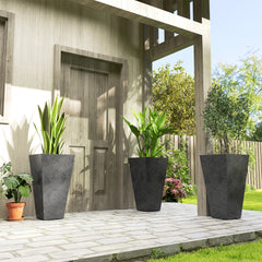28" Tall Planters, Set of 3 Plastic Flower Pots with Marble Finish and Drainage Holes, Stackable Taper Planters, Black