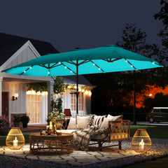 13ft Double-Sided Market Umbrella, Large Patio Umbrella with Solar Lights, Crank Handle for Garden, Pool, Yard, Blue