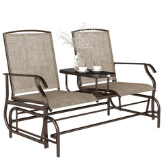 2-Person Outdoor Glider Bench w/ Center Table, Steel Frame for Backyard Garden Porch, Brown