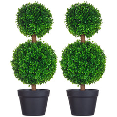 2 Pcs 23.6" Artificial Boxwood Ball Topiary Tree Set of 2 Fake Plants in Pot with Double Ball-Shaped Leaves Green