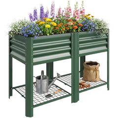 Raised Garden Bed Galvanized Steel, Elevated Planter Box with Storage Shelf, Bed Liner, 31.5" High, Green