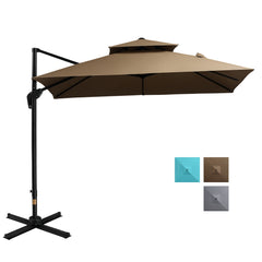 10ft Offset Patio Umbrella with Base, Double Top Hanging Aluminum Cantilever Umbrella with 360-degree Rotation, Easy Tilt, 8 Ribs, Crank, Cross Base, Cover, Strap, Coffee