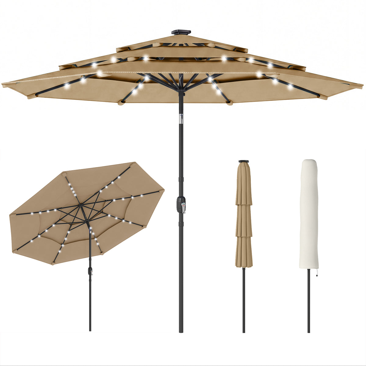 9.7 ft Outdoor Patio Umbrella with Solar LED Lights, 3 Tier Outdoor Table Umbrella with Tilt, Crank, Khaki