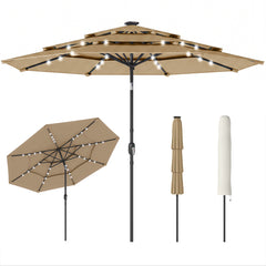9.7 ft Outdoor Patio Umbrella with Solar LED Lights, 3 Tier Outdoor Table Umbrella with Tilt, Crank, Khaki