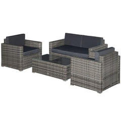 4 Piece Wicker Patio Furniture Set with Cushions, Outdoor Sectional Furniture with 2 Sofa, Loveseat, and Glass Top Coffee Table, Conversation Sofa Sets for Garden, Black