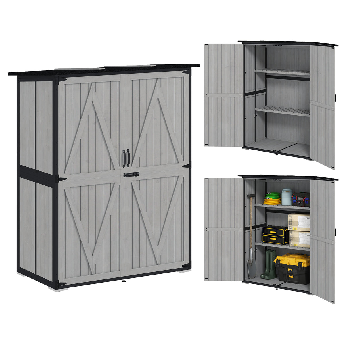 Wood Storage Shed, Outdoor Garden Shed with Asphalt Roof, 2 Shelves, Lockable Doors and Adjustable Feet, Gray