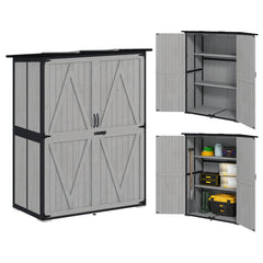 Wood Storage Shed, Outdoor Garden Shed with Asphalt Roof, 2 Shelves, Lockable Doors and Adjustable Feet, Gray