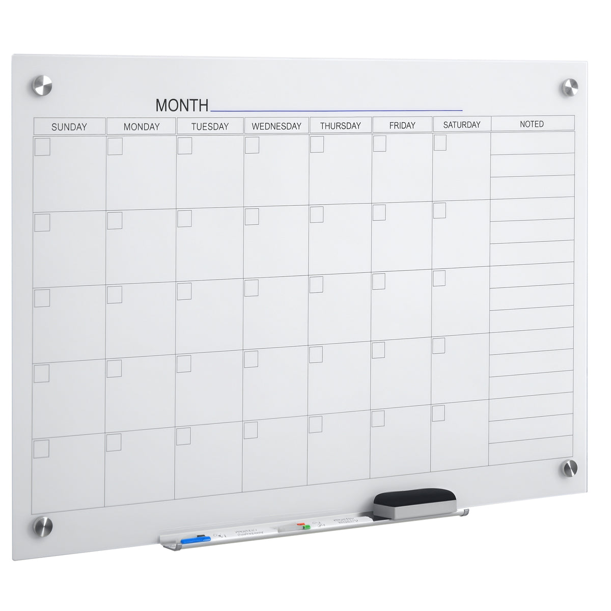35"x23" Dry Erase Wall Calendar Glass Whiteboard Monthly Planner for Homeschool Supplies & Home Office Organization with 4 Markers and 1 Eraser,Frameless