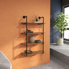 4-Tier Industrial Pipe Shelves Floating Wall Mounted Bookshelf, Metal Frame Display Rack, 1" Thickness Shelving Unit for Farmhouse, Kitchen, Bar, Rustic Brown