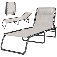 Folding Chaise Lounge Pool Chair with 4-Position Reclining Back, Pillow, Breathable Mesh & Bungee Seat, Cream White