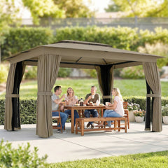 10' x 12' Outdoor Patio Gazebo, Soft Top Gazebo Canopy Shelter with Curtains, Netting, Steel Frame, Hooks, Khaki