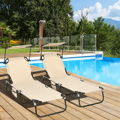 Chaise Lounge Pool Lounge Chairs Set of 2, Outdoor Sun Tanning Chairs, Reclining Back, Steel Frame and Side Pocket, Tan