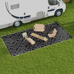 Reversible Outdoor Rug Carpet RV Camping Rugs with Carry Bag, 9' x 18', Black & Gray Geometric