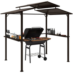 8 x 5ft Hardtop Grill Gazebo with Double Metal Roof, 2 Side Shelves and 4 Cup Holders for Patio Backyard Lawn Deck