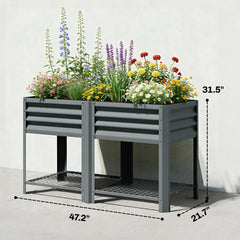 Raised Garden Bed Galvanized Steel, Elevated Planter Box with Storage Shelf, Bed Liner, 31.5" High, Dark Gray