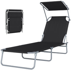 Outdoor Pool Chaise Lounge Chair, Folding Tanning Chair with Sun Shade, Black