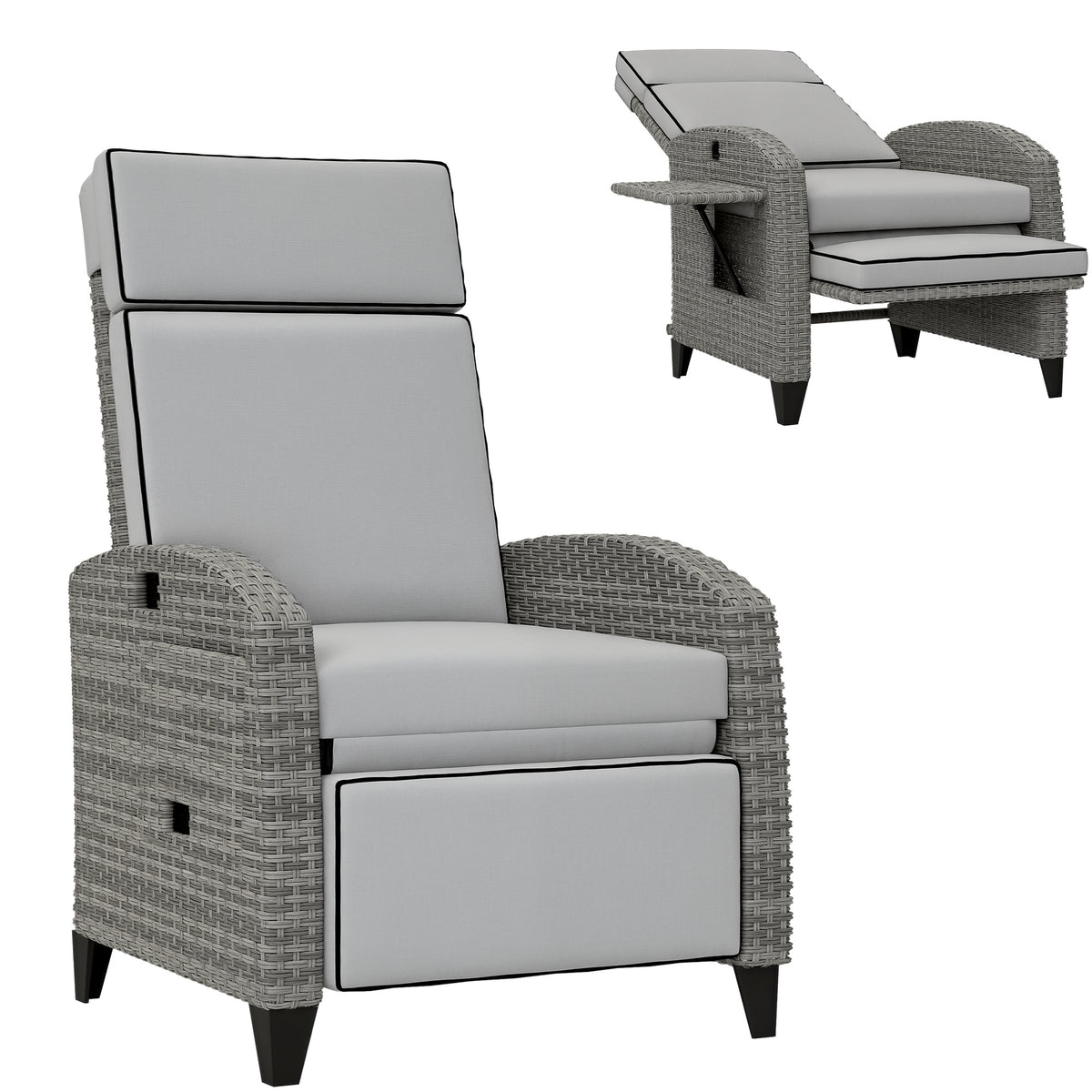 Outdoor Recliner Chair with Cushions, Reclining Patio Lounge Chair with Adjustable Footrest, Armrests, Tray Table, Gray
