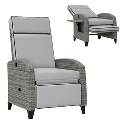 Outdoor Recliner Chair with Cushions, Reclining Patio Lounge Chair with Adjustable Footrest, Armrests, Tray Table, Gray