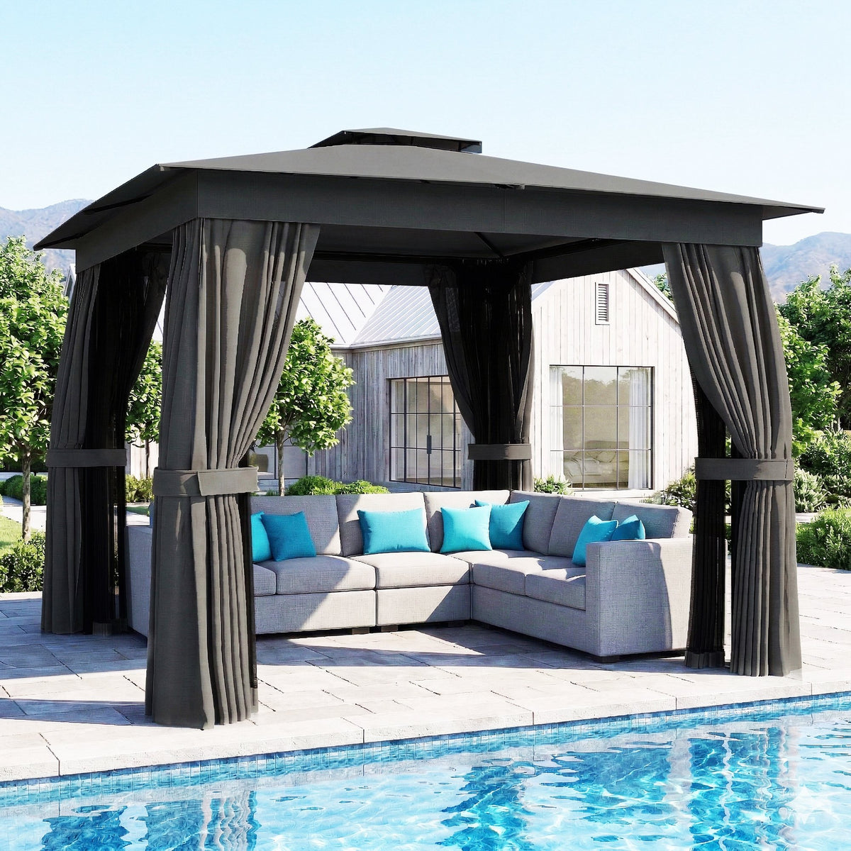 10' x 10' Outdoor Patio Gazebo, Soft Top Gazebo Canopy Shelter with Curtains, Netting, Steel Frame, Hook, Dark Gray