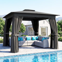 10' x 10' Outdoor Patio Gazebo, Soft Top Gazebo Canopy Shelter with Curtains, Netting, Steel Frame, Hook, Dark Gray