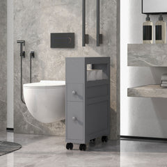 Space Saving Narrow Bathroom Storage Cabinet, Bath Toilet Paper Holder with Drawers and Rolling Wheels, Gray