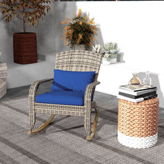 Adirondack Chair, Outdoor Wicker Rocking Chair with High Back, Seat Cushion, and Pillow for Porch, Balcony, Dark Blue