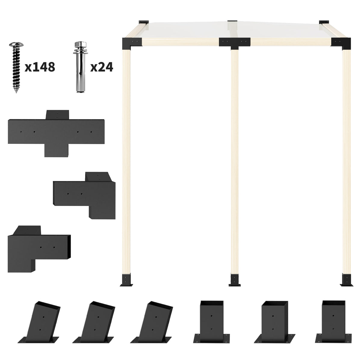 Pergola Kit, 15° Slanted Pergola Brackets w/ 4-Way/3-Way Brackets, Post Bases, Wall Mounts for 3.6" X 3.6" Lumber, Black