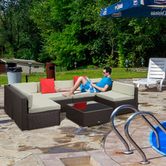 7 Piece Outdoor Patio Sofa Set with Cushions, All Weather PE Rattan Sectional Sofa, Glass Top Coffee Table, Cream White