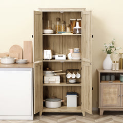 72" Freestanding Kitchen Pantry Cabinet, Farmhouse Tall Storage Cabinet with 4 Door Cabinets and Adjustable Shelves for Dining Room, Natural