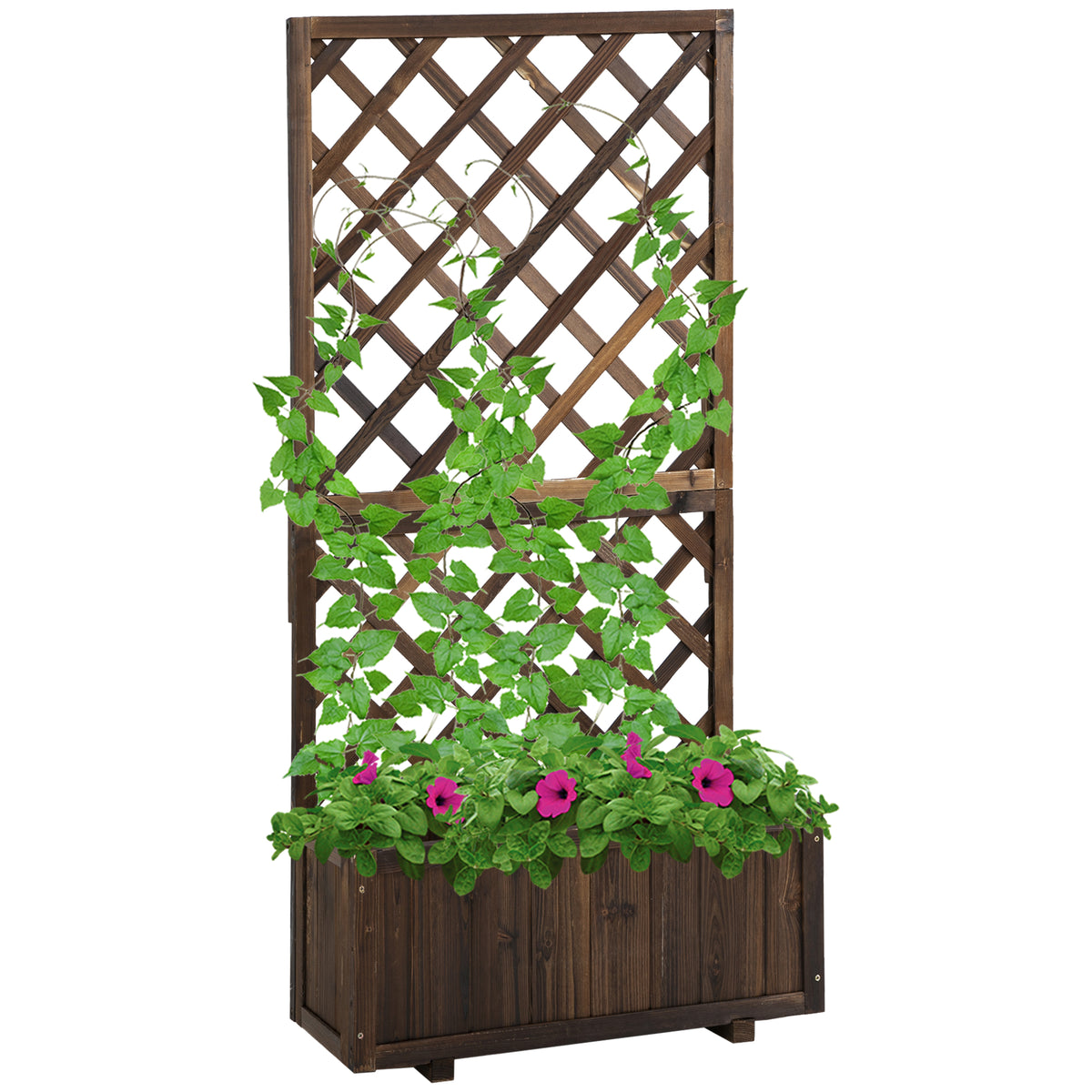 Wooden Raised Garden Bed Planting Planter Box with Trellis and Drain Holes for Climbing Vine Plants, Brown