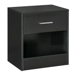 Modern Side Table with Drawer and Storage Shelf, End Table for Living Room, Black Wood Grain