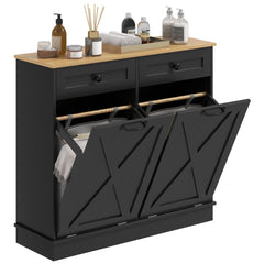 Tilt Out Laundry Hamper Cabinet, Bathroom Storage Cabinet with 2 Removable Baskets and 2 Drawers, Black